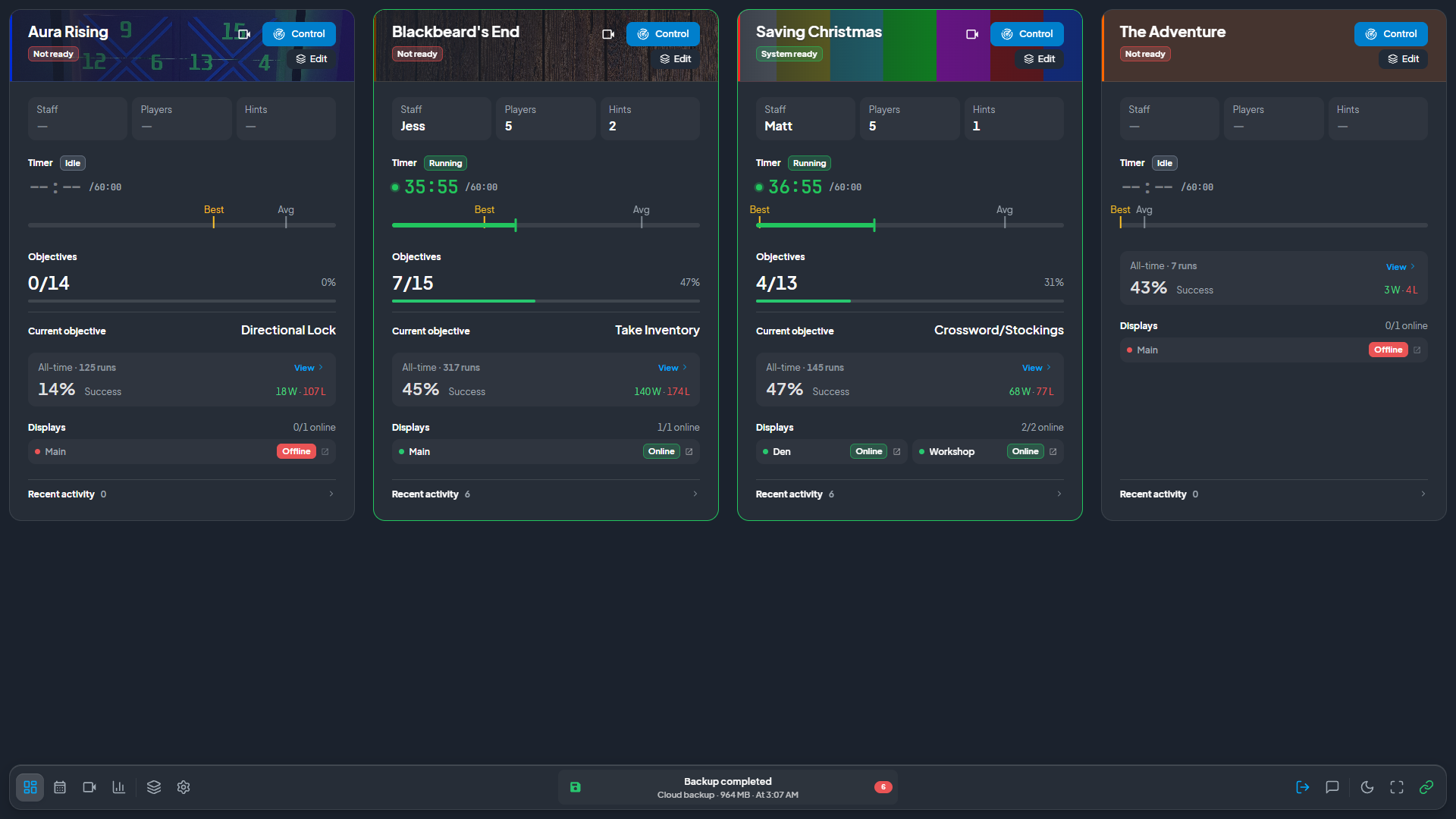 ARC operations dashboard showing active escape room games
