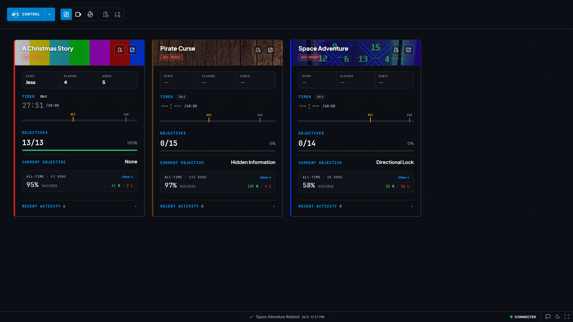 ARC operations dashboard showing active escape room games