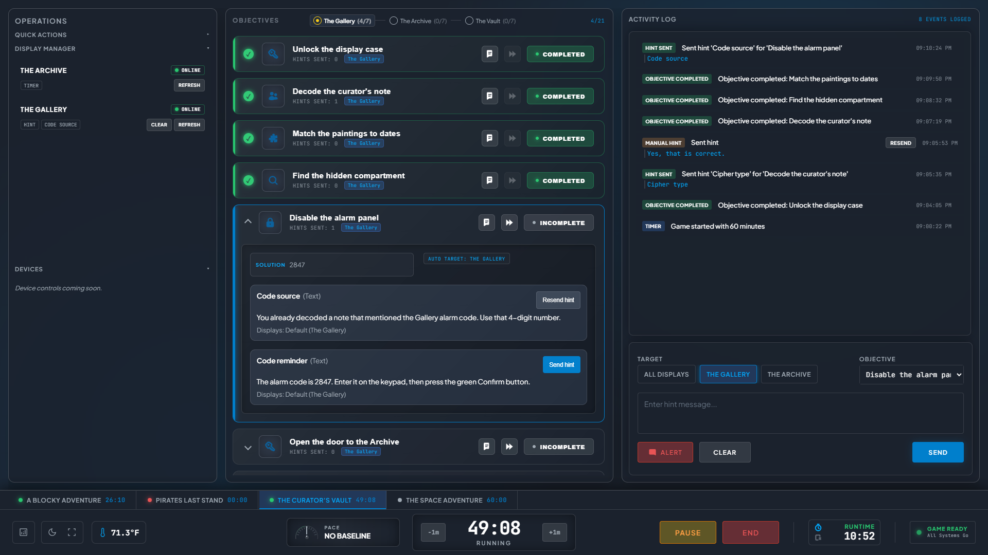 ARC Control page showing game objectives, room navigation, controls, and activity history