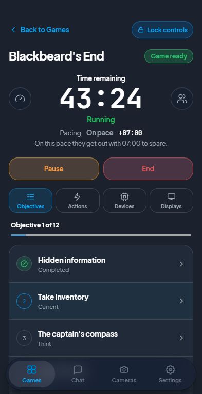 進行中のゲームとタイマー、目標を表示しているiPhone版ARC Control