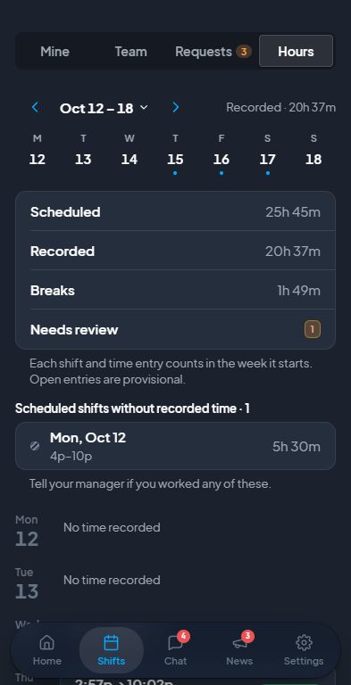 記録された勤務時間と休憩を表示しているiPhone版ARC Team